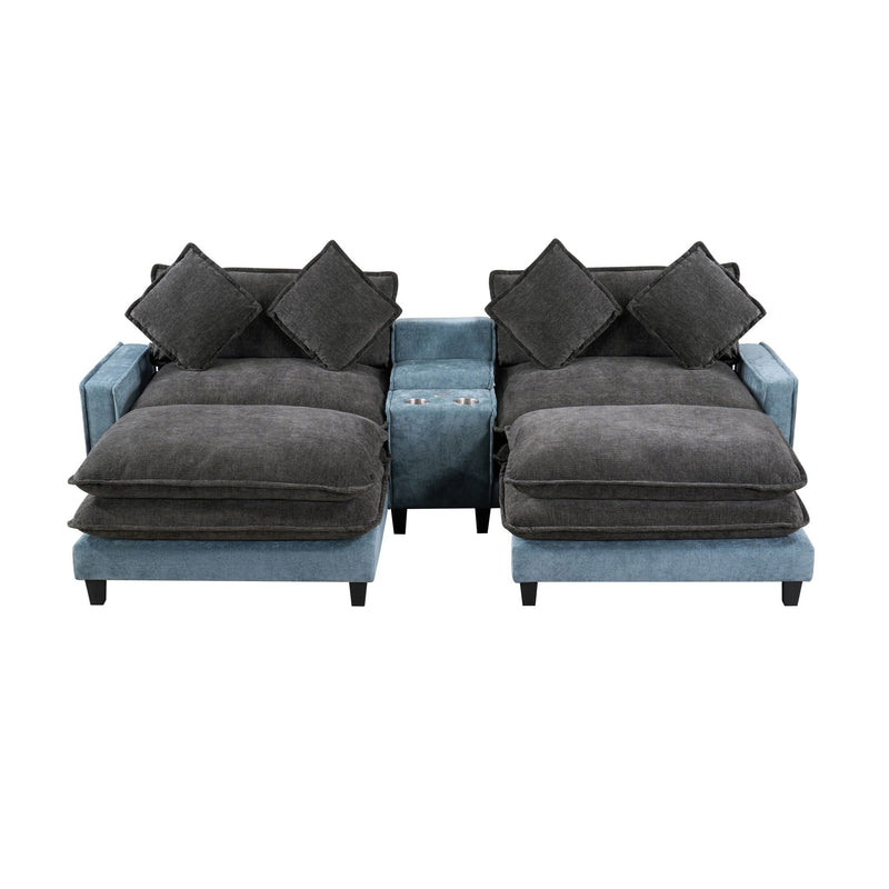 Sectional Sofa With Removable Ottomans, USB Ports, Cup Holders & Storage - Gray / Light Blue by HouseOfZazla