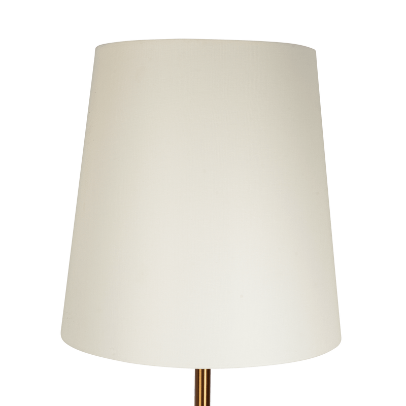 Celestial Modern Floor Lamp with Brass Accent Table and Large White Shade by BLAKHOM