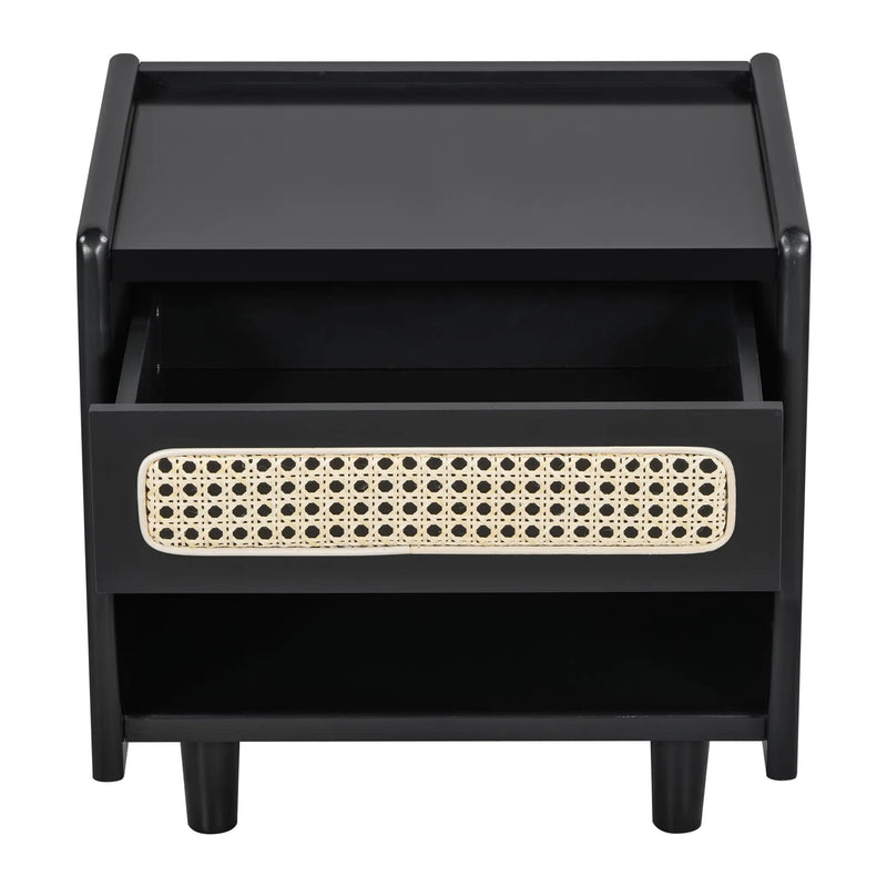 Black Nightstand with Rattan Detail by HouseOfZazla