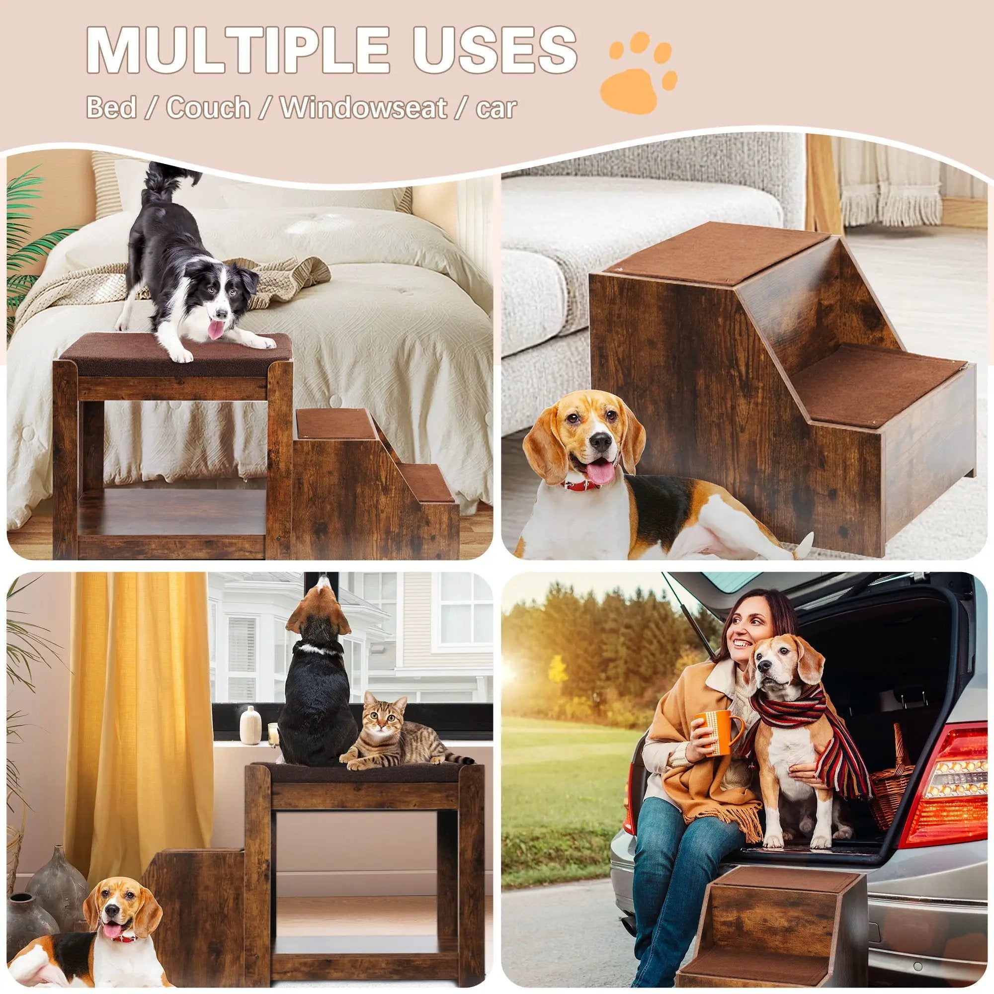 Pet Bunk Bed With Removable Step For Dogs And Cats, Multi-Level Bed Window Perch Seat Platform With Cushion And Cat Scratch Pad, Indoor Use - Dark Brown by HouseOfZazla