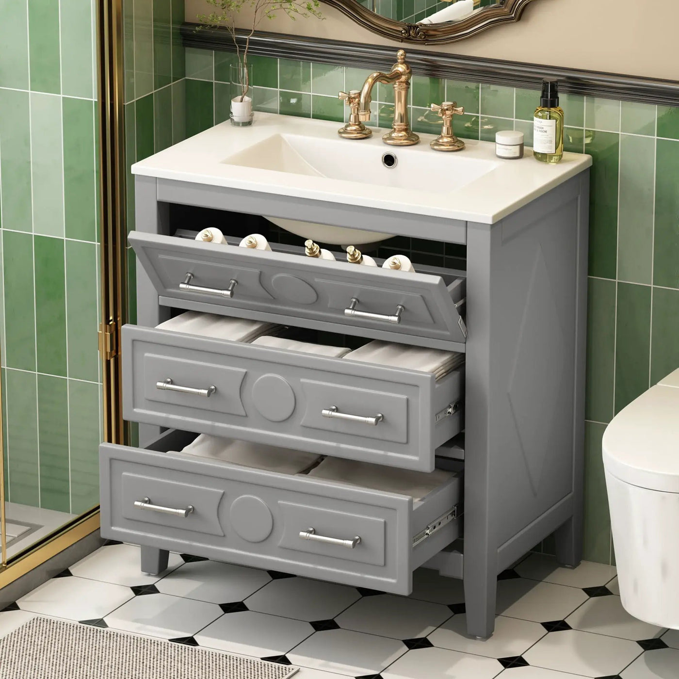 Retro Bathroom Vanity With Sink Combo, Free Standing Single Set With 3 Drawers by HouseOfZazla