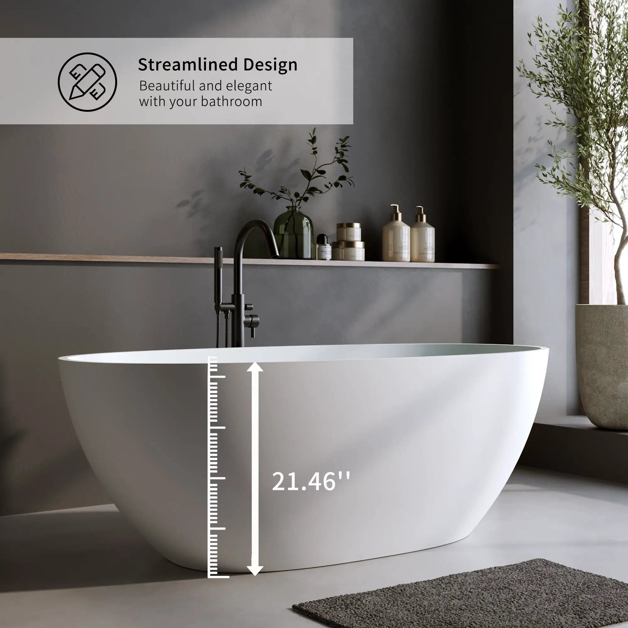 55" Solid Surface Matte Tub - Freestanding Soaking Bathtub by HouseOfZazla