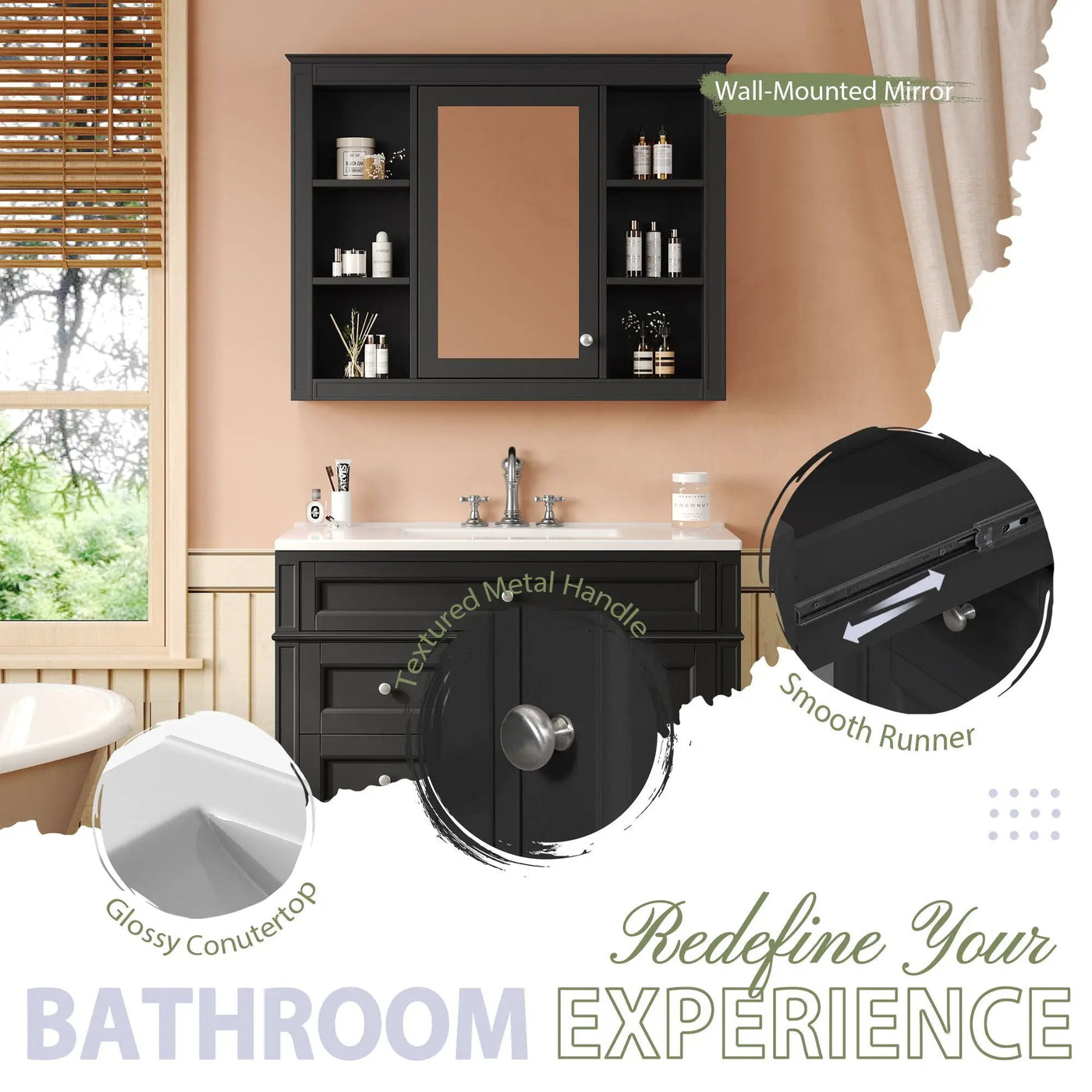 Bathroom Vanity With Mirror Cabinet, Single Sink With 2 Soft Closing Doors And 4 Drawers by Unique Piece Furniture