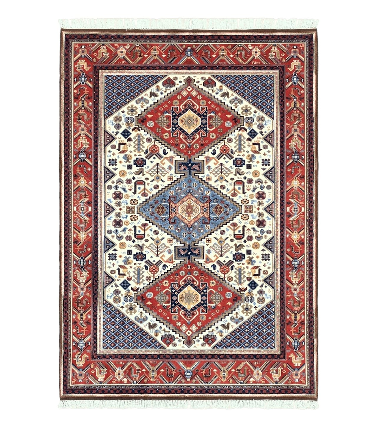 Belgium Power Loomed Rug 8x12, Geometric Medallions Persian Tribal Pattern, Vintage Wool Carpet, Ivory Red Blue by Jewel Rugs