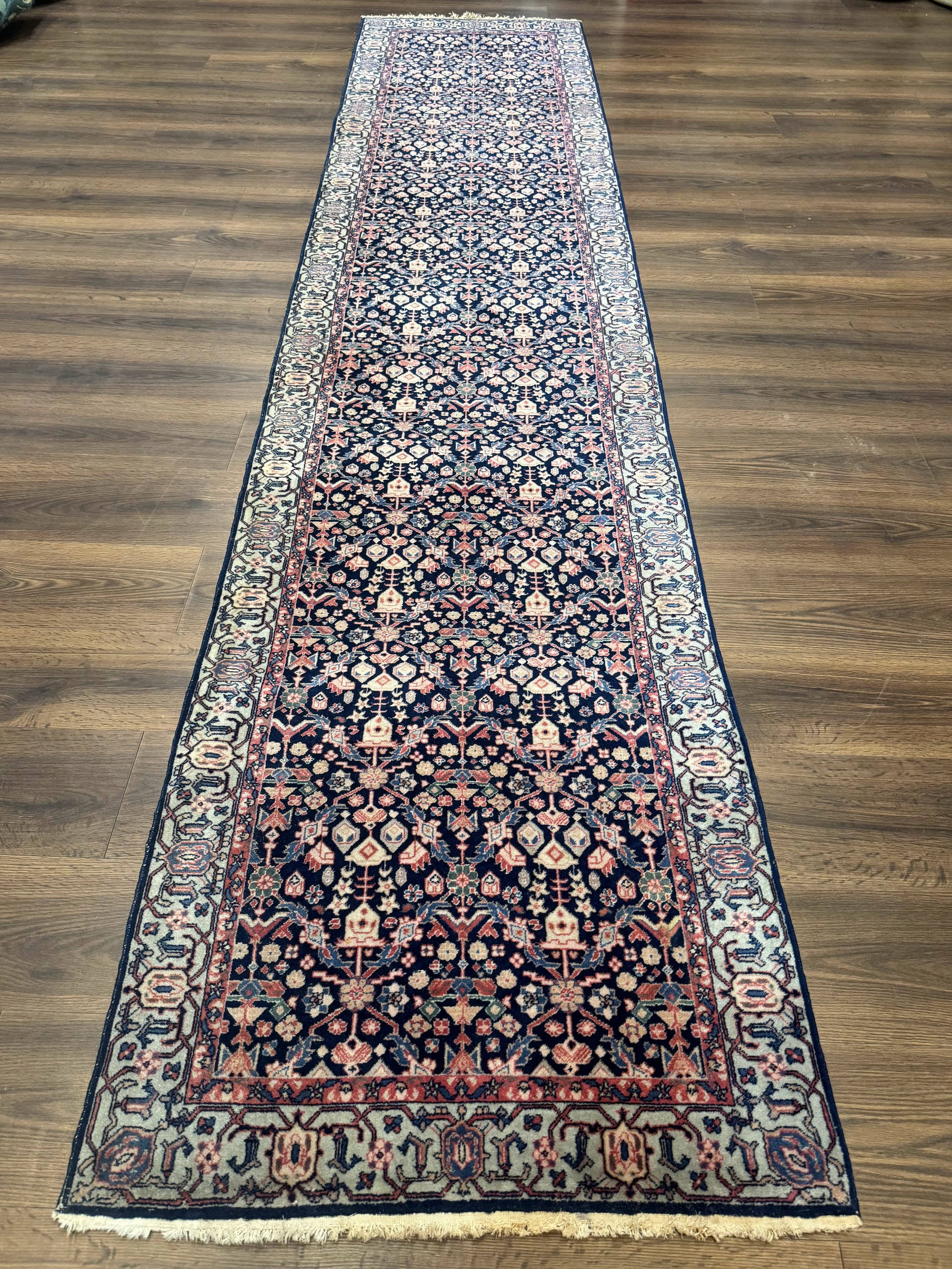 Indo Persian Runner Rug 2.8 x 12, Navy Blue, Floral, Fine 270 KPSI by Jewel Rugs