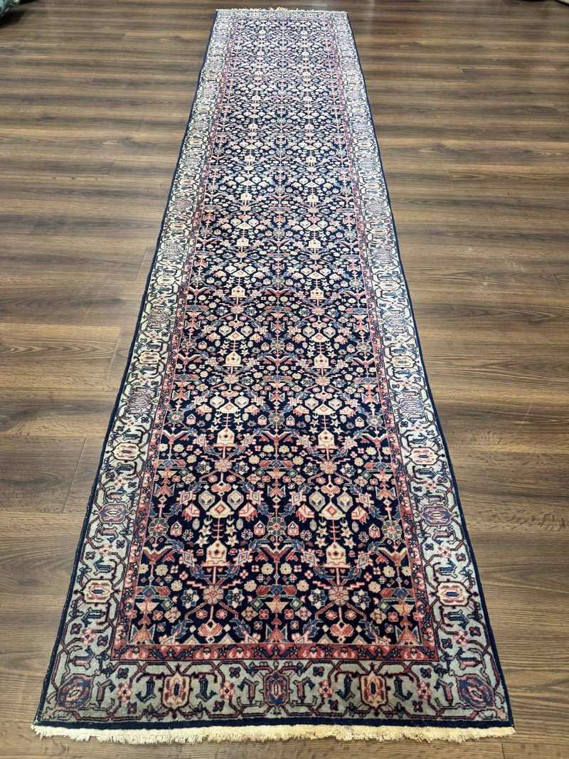 Indo Persian Runner Rug 2.8 x 12, Navy Blue, Floral, Fine 270 KPSI by Jewel Rugs
