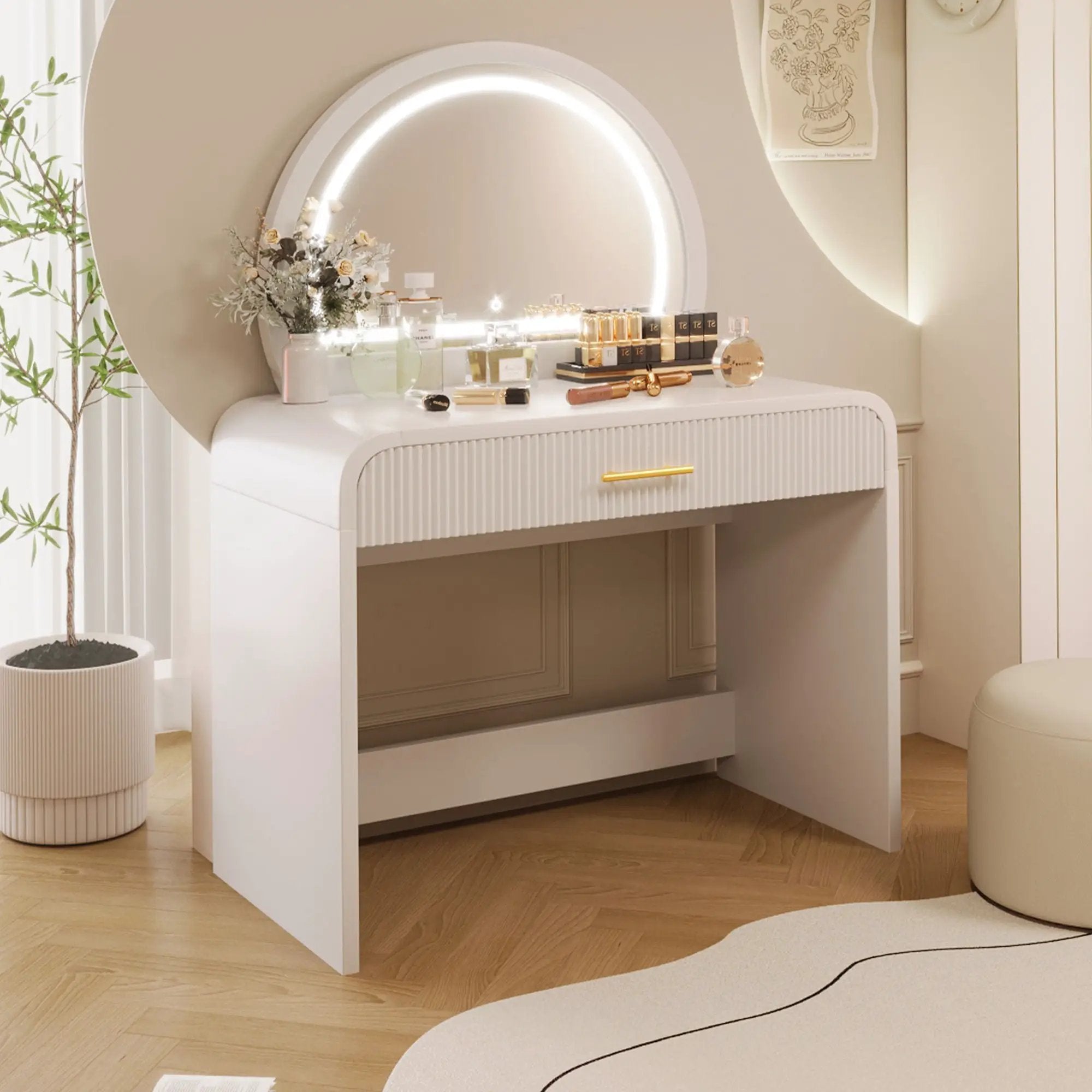 Makeup Vanity Table With Mirror Touch Screen Lighted Mirror, Dressing Table With Drawer For Bedroom - White by Unique Piece Furniture