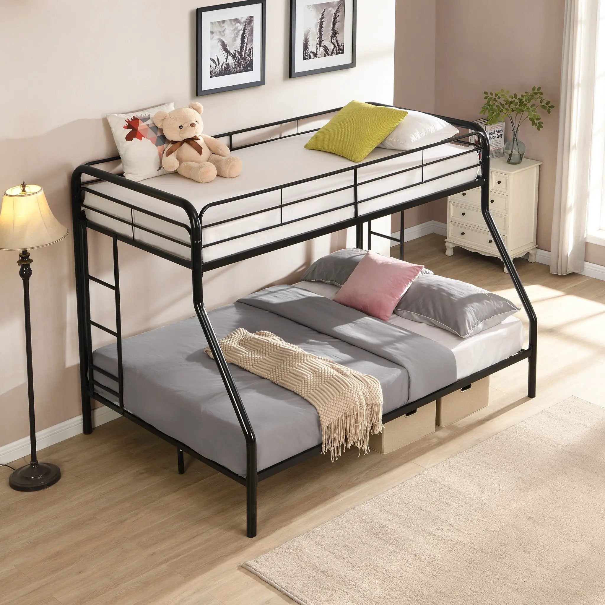 Modern Twin Over Full Metal Bunk Bed With Trundle And Dual Side Ladder And Metal Design - Black / Brown by Unique Piece Furniture