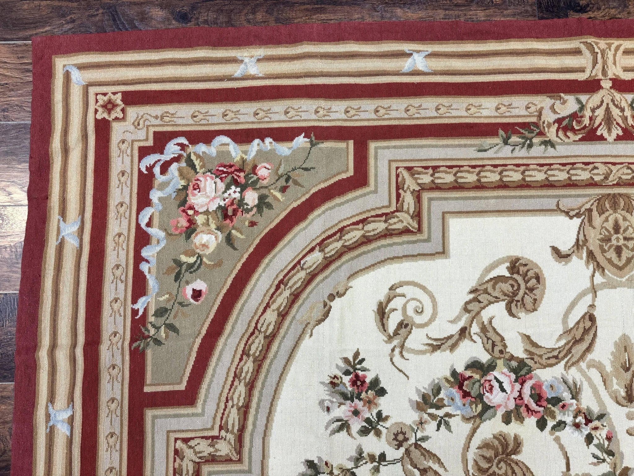 Aubusson Needlepoint Rug 9x11, Handmade Vintage Wool Flatweave Carpet, Elegant European Rug, Floral, Cream by Jewel Rugs