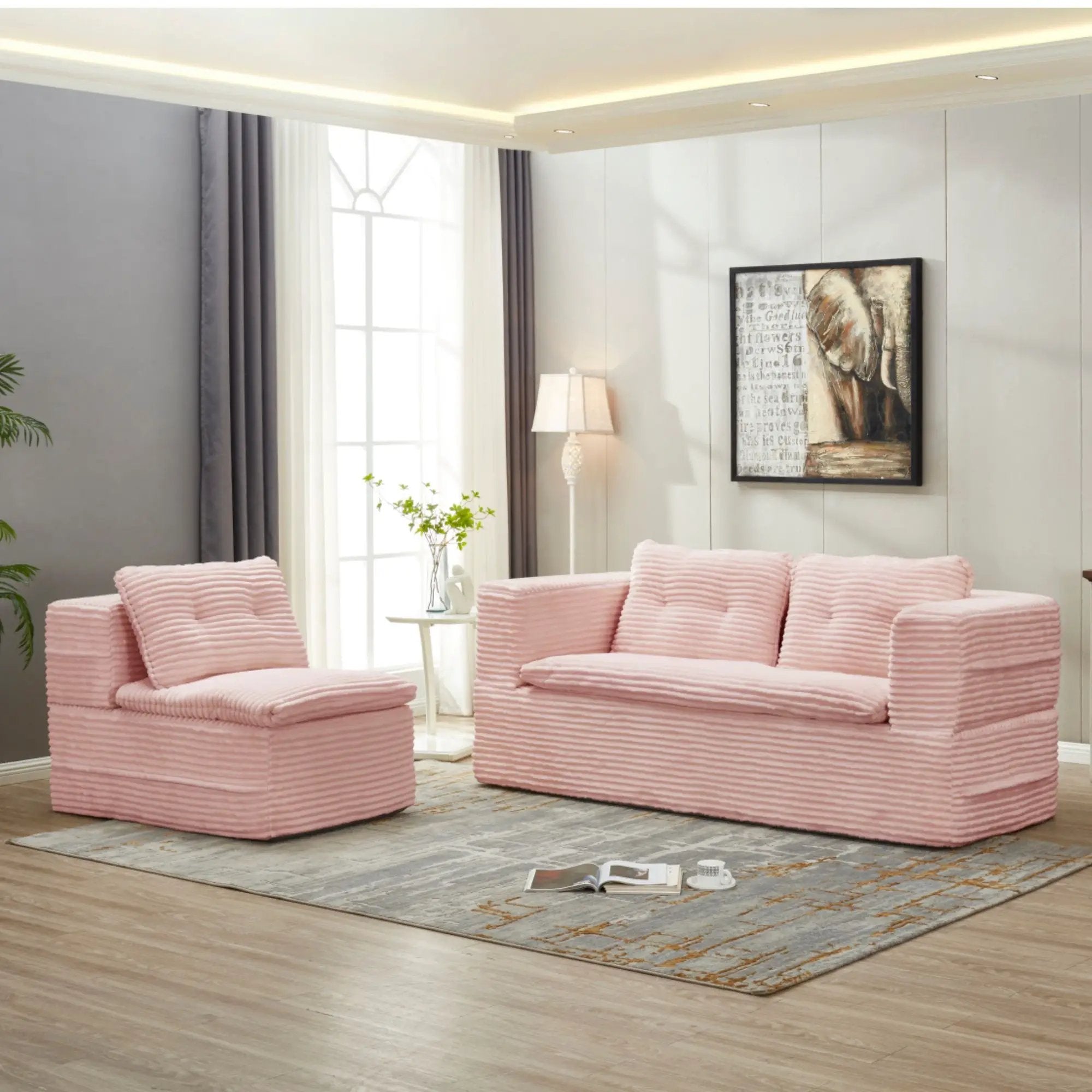 Multi Functional Sectional Sofa Bed With Independent Chaise Lounge And Functional Blanket, Convertible King Size Bed, Deep Seat - Baby Pink by HouseOfZazla