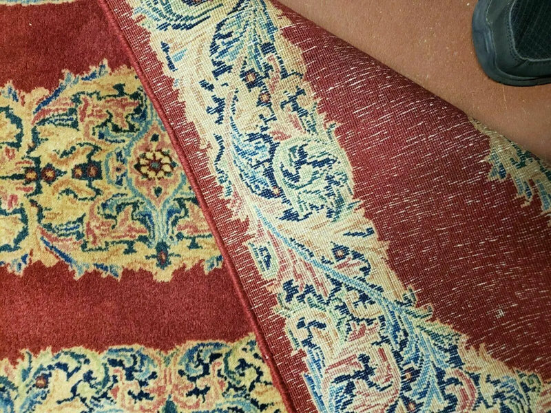 Small Persian Kirman Rug 2x4, Wool Oriental Vintage Handmade Carpet, Hand Knotted Floral Medallion, Red & Beige, Semi Open Field by Jewel Rugs