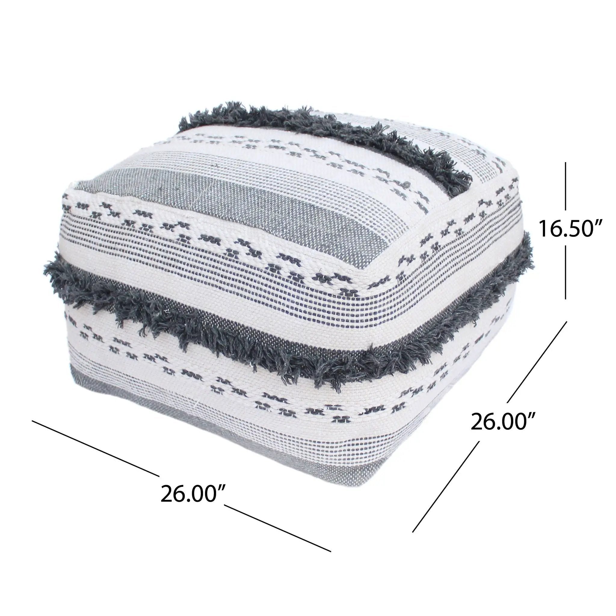 Karim - Faux Yarn Large Pouf, Durable - Ivory / Gray by HouseOfZazla