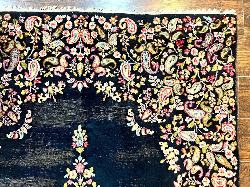 Antique Persian Kirman Rug 5x8, Floral Kirman, Midnight Blue/Black, Semi Open Field, Handmade Vintage Wool Carpet by Jewel Rugs