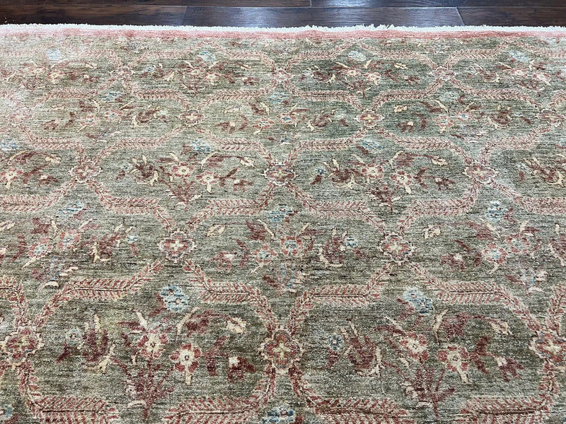Large Modern Pakistani Rug 9x12, Handmade Wool Carpet, Peshawar Rug, Hand Knotted Oriental Rug, Contemporary, Floral, Light Green by Jewel Rugs
