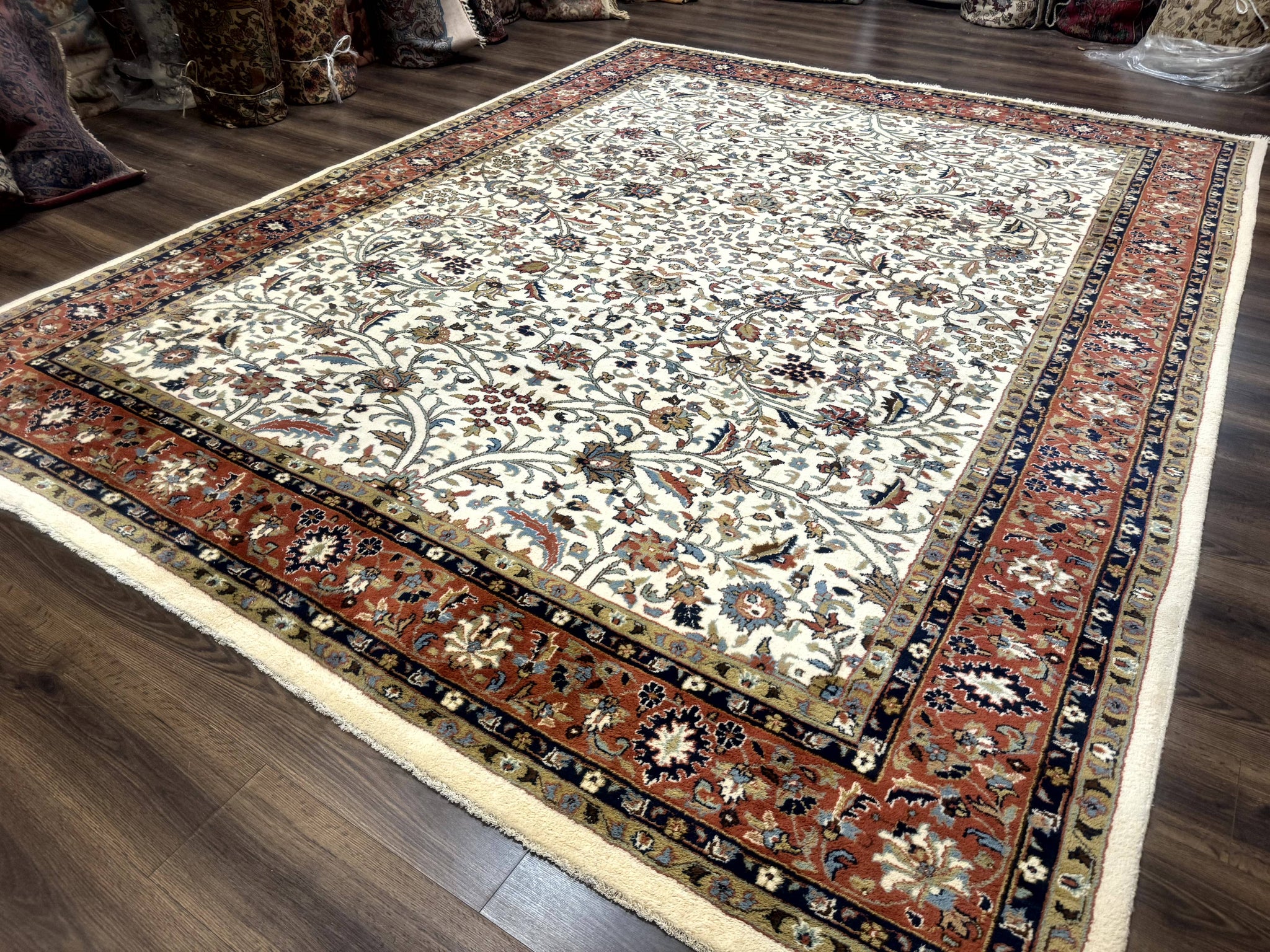 Indo Persian Rug 9x12, Ivory and Red, Traditional Wool Oriental Carpet by Jewel Rugs