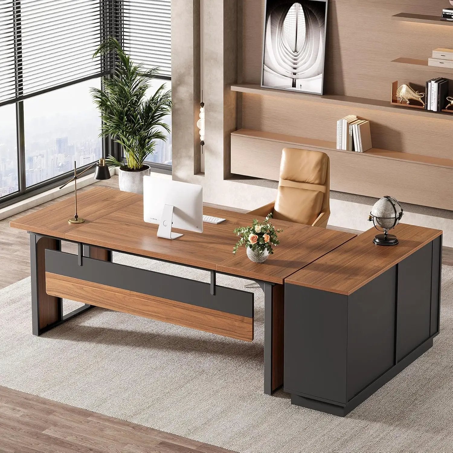 L-Shaped Executive Desk With File Cabinet, Office Computer Desk With Drawers & Open Shelves, Workstation For Home Office - Brown / Black by HouseOfZazla