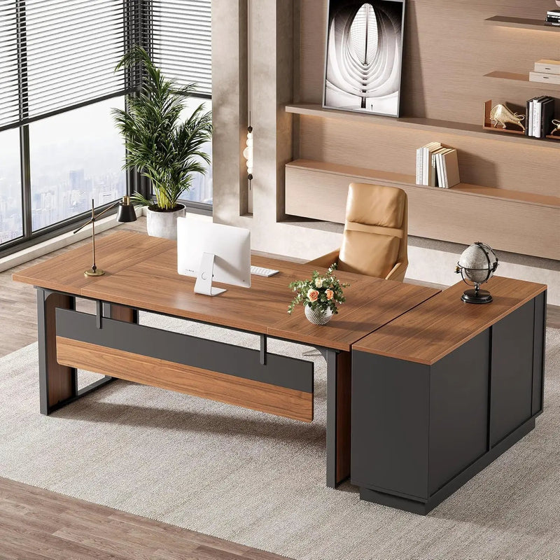 L-Shaped Executive Desk With File Cabinet, Office Computer Desk With Drawers & Open Shelves, Workstation For Home Office - Brown / Black by HouseOfZazla