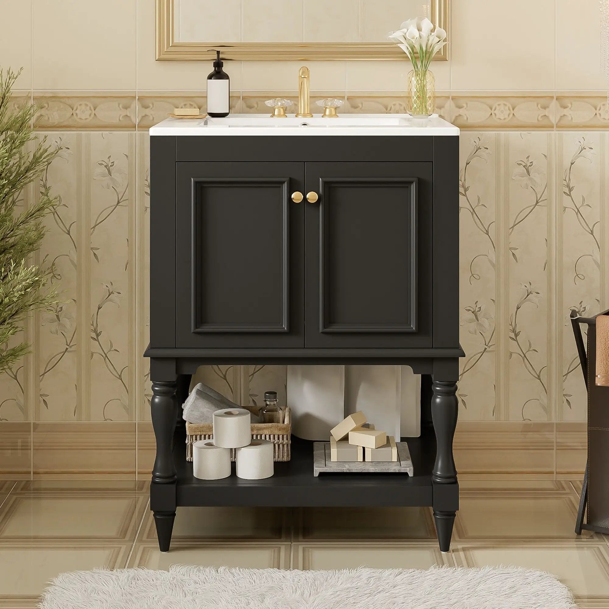 Modern Bathroom Vanity With Sink, Rectangular Cabinet With Open Shelf And Closed Storage by Unique Piece Furniture