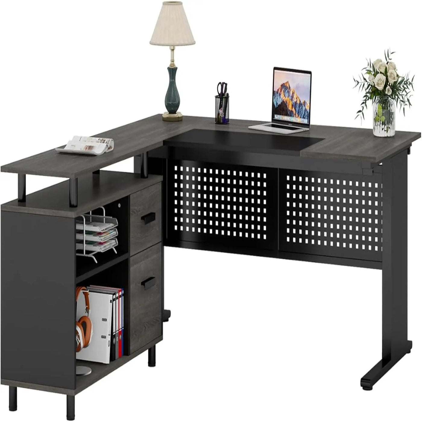 L-Shaped Executive Desk With File Cabinet, Office Workstation With Drawers, Shelves & Storage by HouseOfZazla
