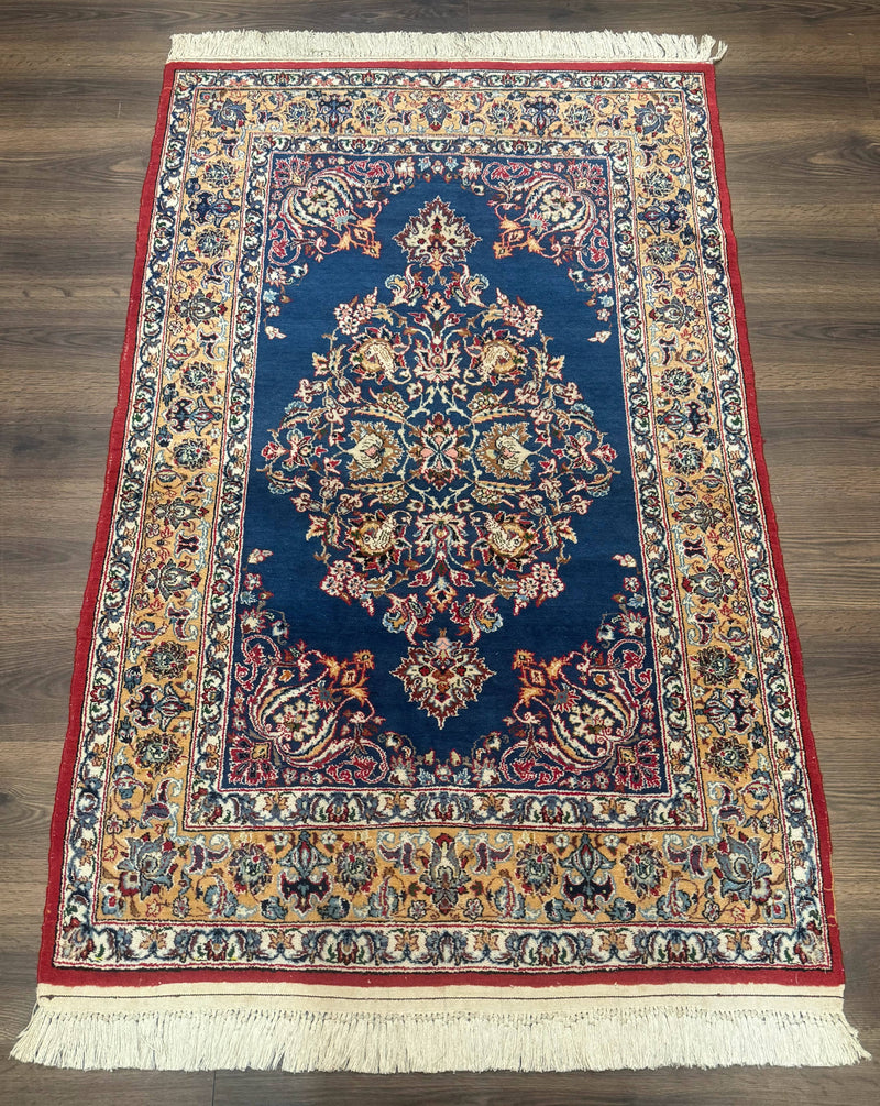 Blue Persian Qum Rug 3.6 x 5, Floral Medallion, Fine 310 KPSI by Jewel Rugs