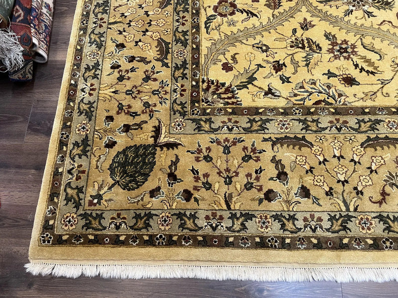 Indo Persian Mahal Rug 10x14, Wool Hand Knotted Oriental Carpet, Cream Floral Allover, Vintage Area Rug 10 x 14, Traditional Rug, Handmade by Jewel Rugs