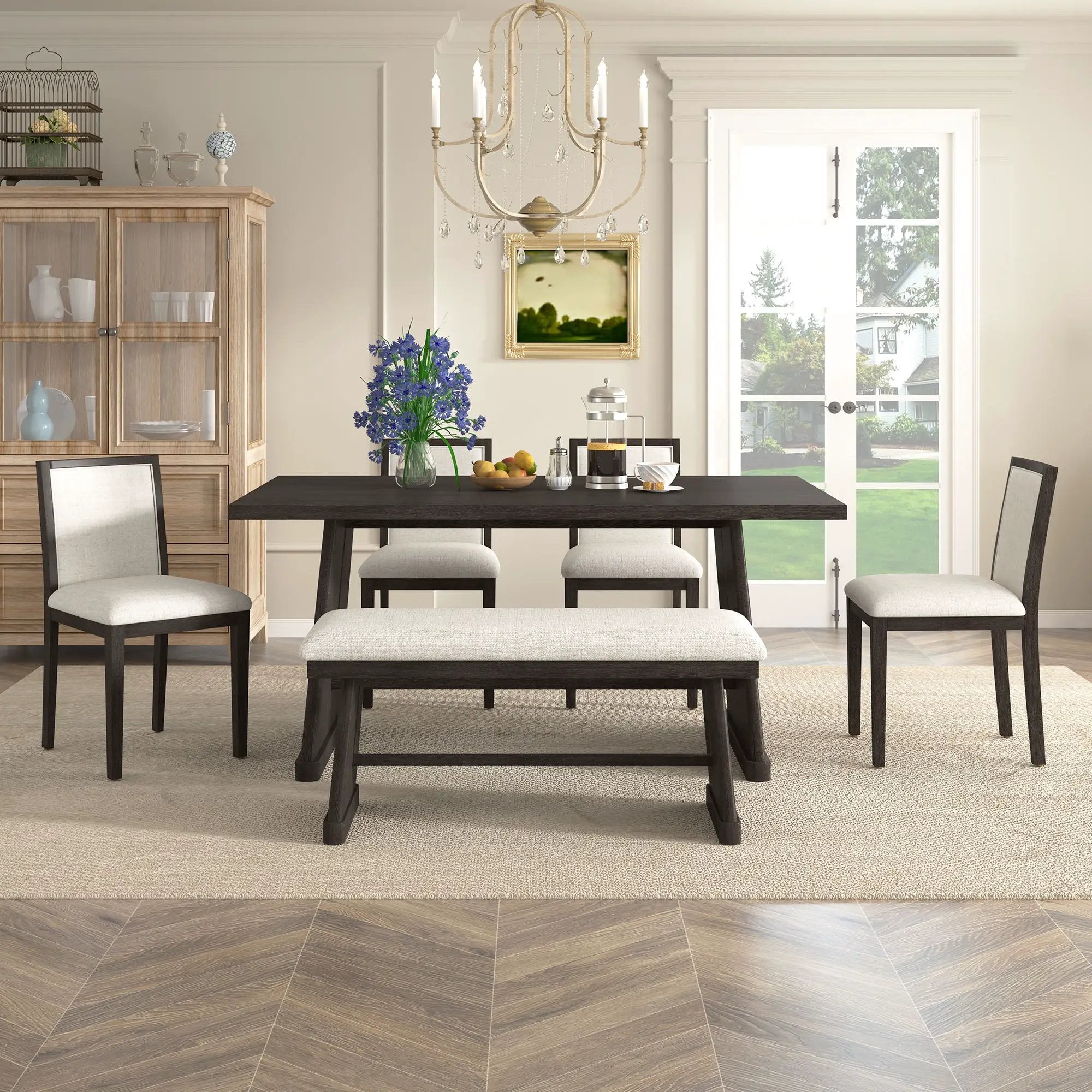 Dining Set With Rectangular Table, 4 Upholstered Chairs & 1 Padded Bench by Unique Piece Furniture