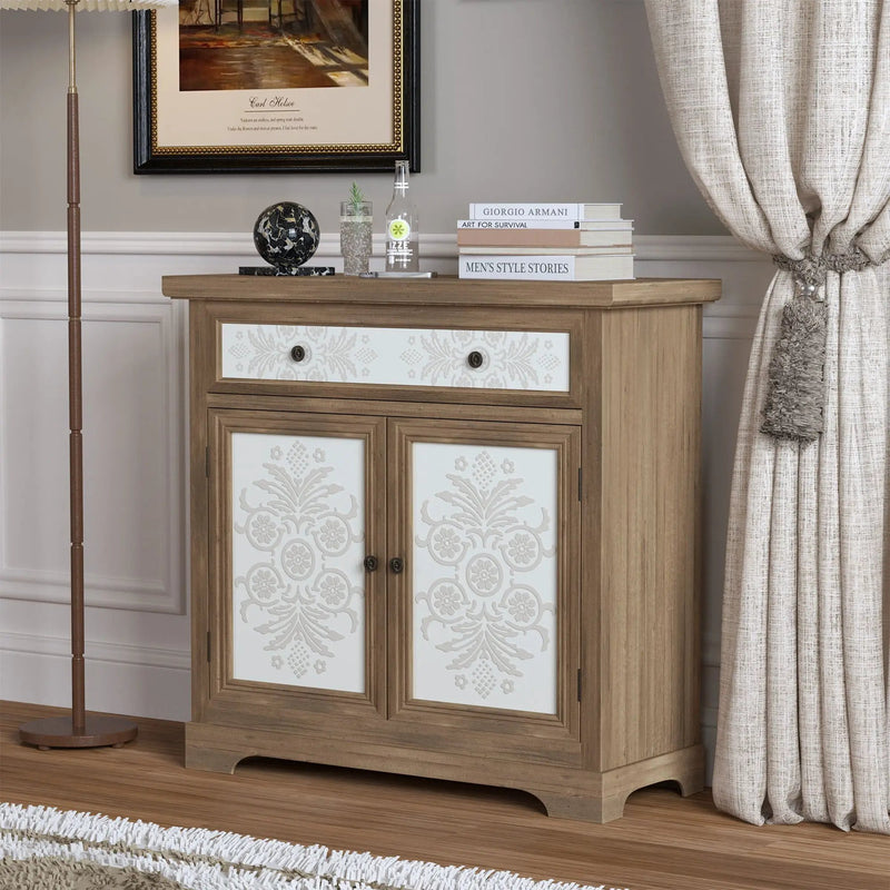 Accent Cabinet With Carved Floral Panels, Sideboard With Drawer And Double Doors - Antique Brown / White by Unique Piece Furniture