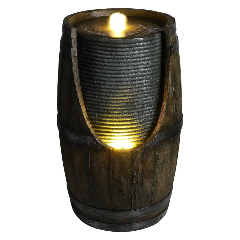 Wooden Barrel Style Outdoor Water Fountain with Lights by HouseOfZazla