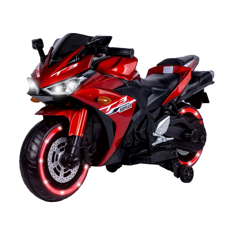 Kids 12V Motorcycle With Training Wheels, Manual Throttle, And Lighting Wheels For Boys And Girls Ages 3-6 - Red by HouseOfZazla