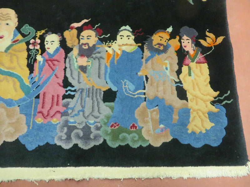 Chinese Wool Pictorial Rug 3x6 Counsel of Wise Elders Philosophers, Vintage Hand Knotted Black Chinese Carpet, Swan, Clouds Confucius, Rare by Jewel Rugs