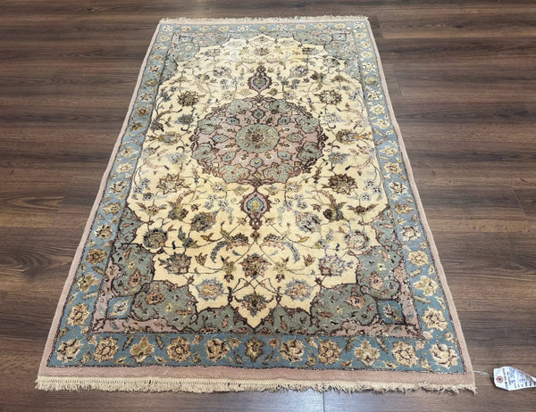Persian Isfahan Rug 3x5, Fine 310 KPSI, Kork Wool Silk Foundation, Cream & Light Green, photo 2 of 13