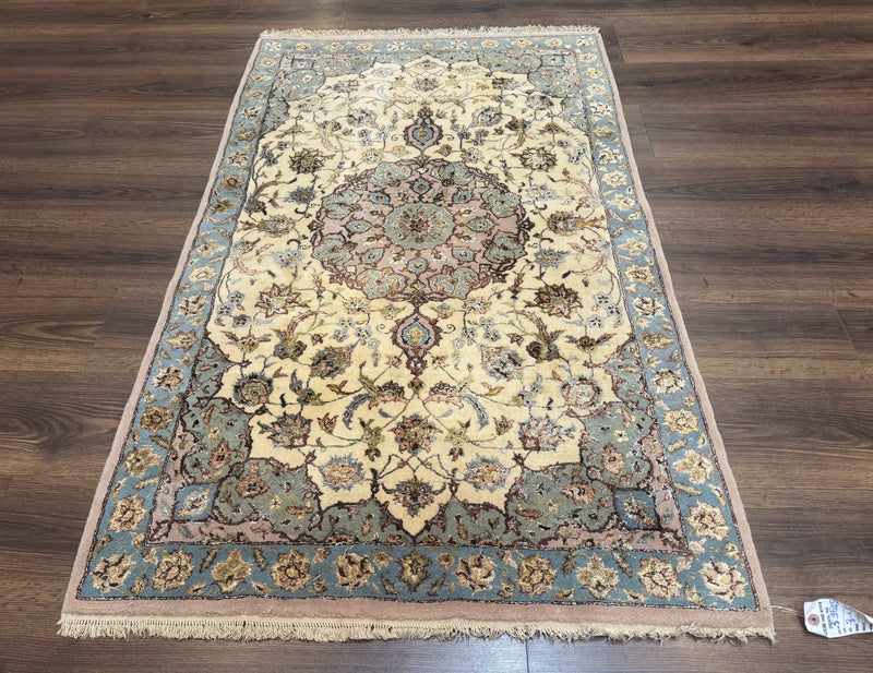 Persian Isfahan Rug 3x5, Fine 310 KPSI, Kork Wool Silk Foundation, Cream & Light Green by Jewel Rugs