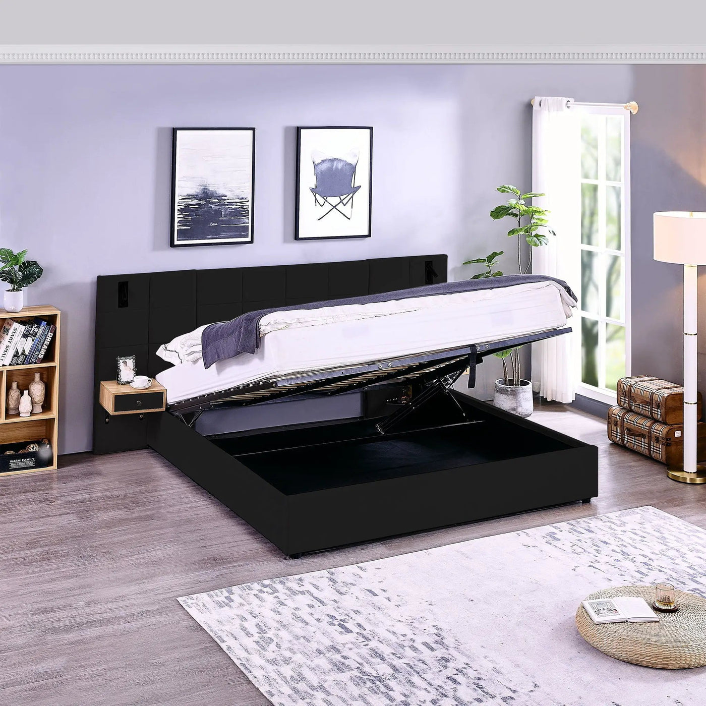 Upholstered Hydraulic Platform Bed With Storage Shelves, Reading Lamps, USB Port by Unique Piece Furniture