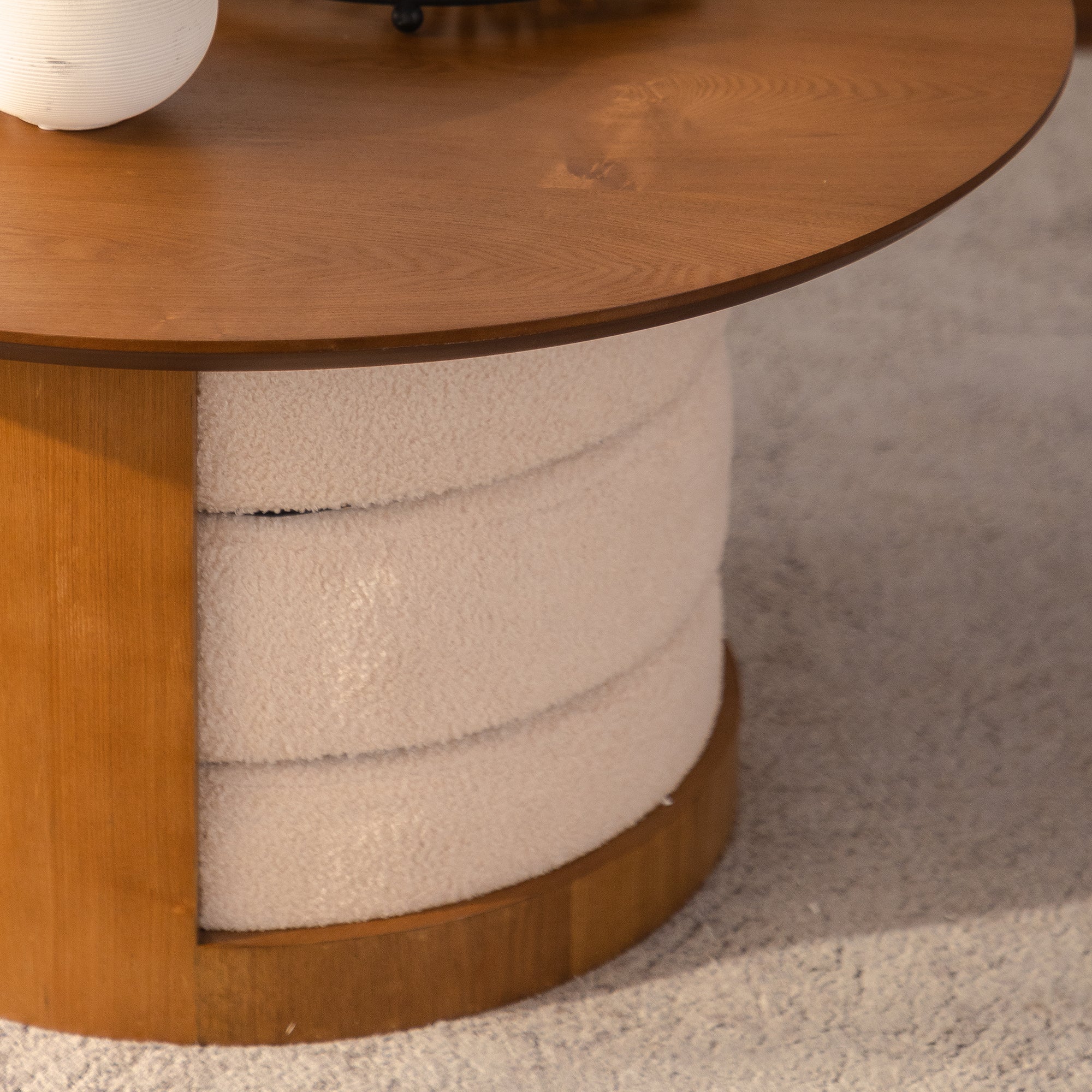 31.5" Round Wood Coffee Table with 3 Teddy Fabric Nesting Stools by HouseOfZazla