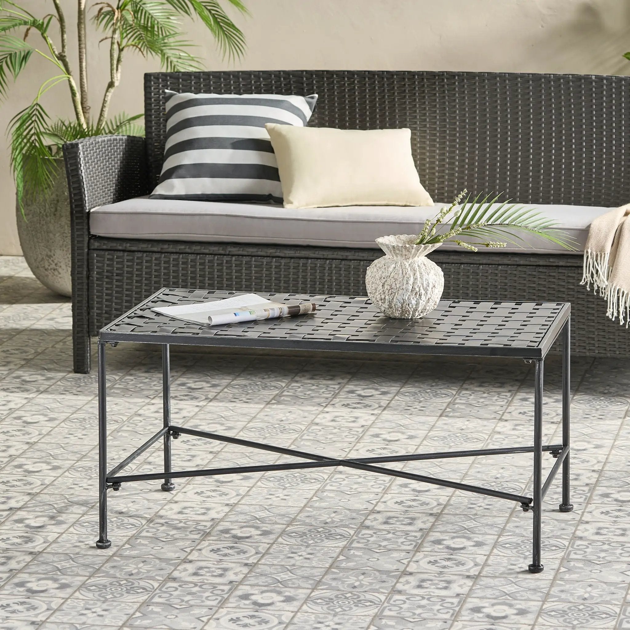 Luna Outdoor Iron Coffee Table - Black Brush Silver by HouseOfZazla