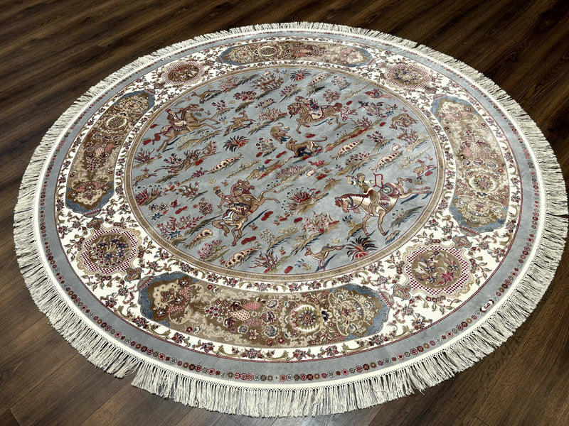 Round Silk Rug 6x6, Hunting Design, Bamboo Silk, Animal Pictorials by Jewel Rugs