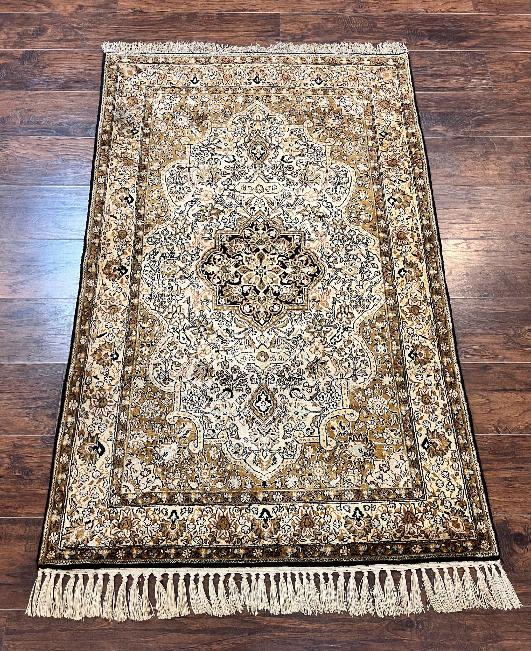 Persian Qum Silk Rug 3.5 x 5.5, Floral Medallion, Very Fine 350 KPSI, Handmade Silk on Silk Rug, Vintage by Jewel Rugs