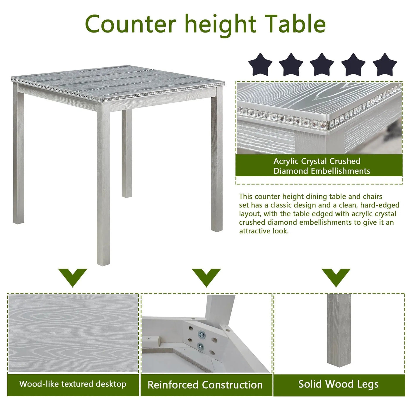 5 Pieces Counter Height Table Set, Kitchen Table With Square Table And 4 Upholstered Chairs by Unique Piece Furniture
