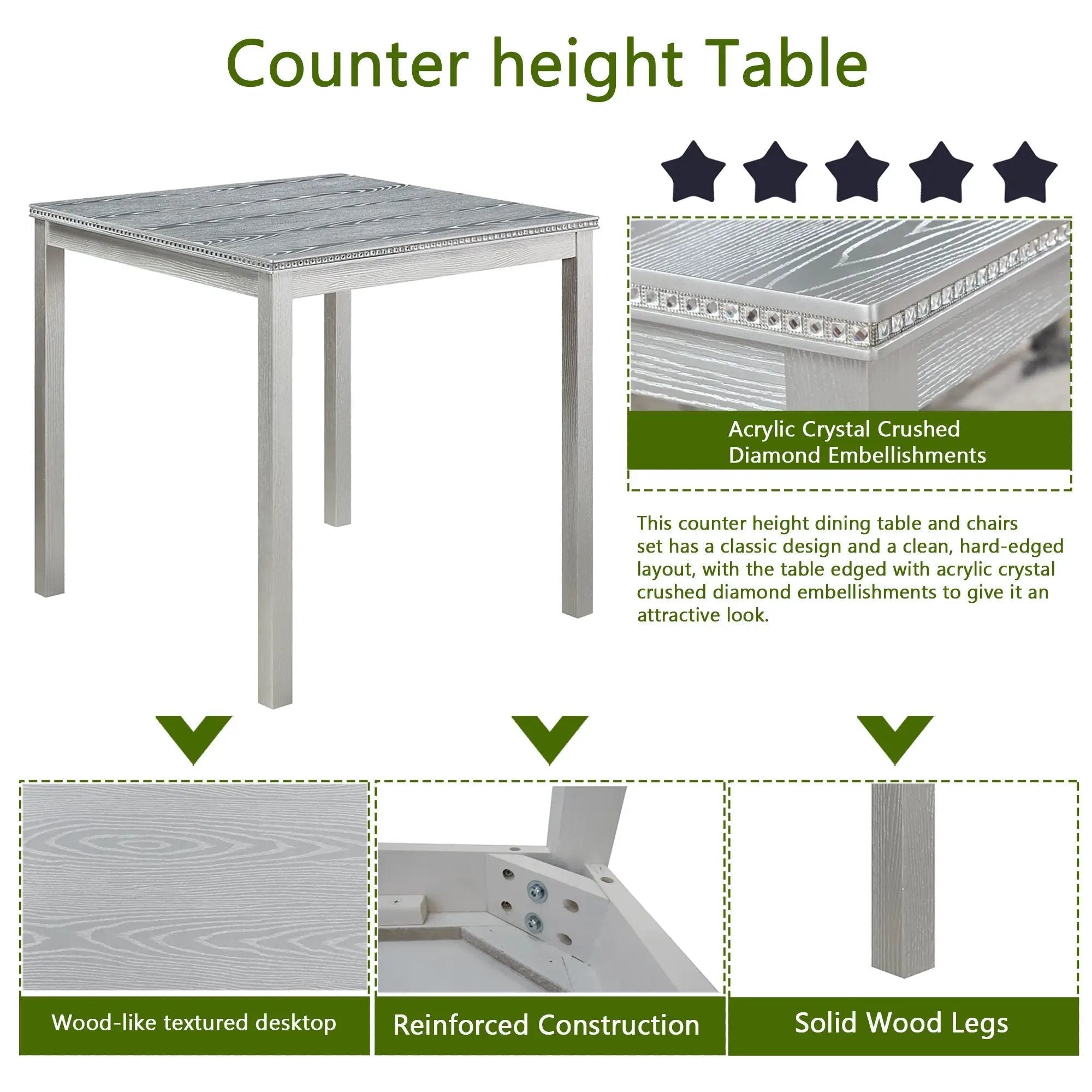 5 Pieces Counter Height Table Set, Kitchen Table With Square Table And 4 Upholstered Chairs by Unique Piece Furniture