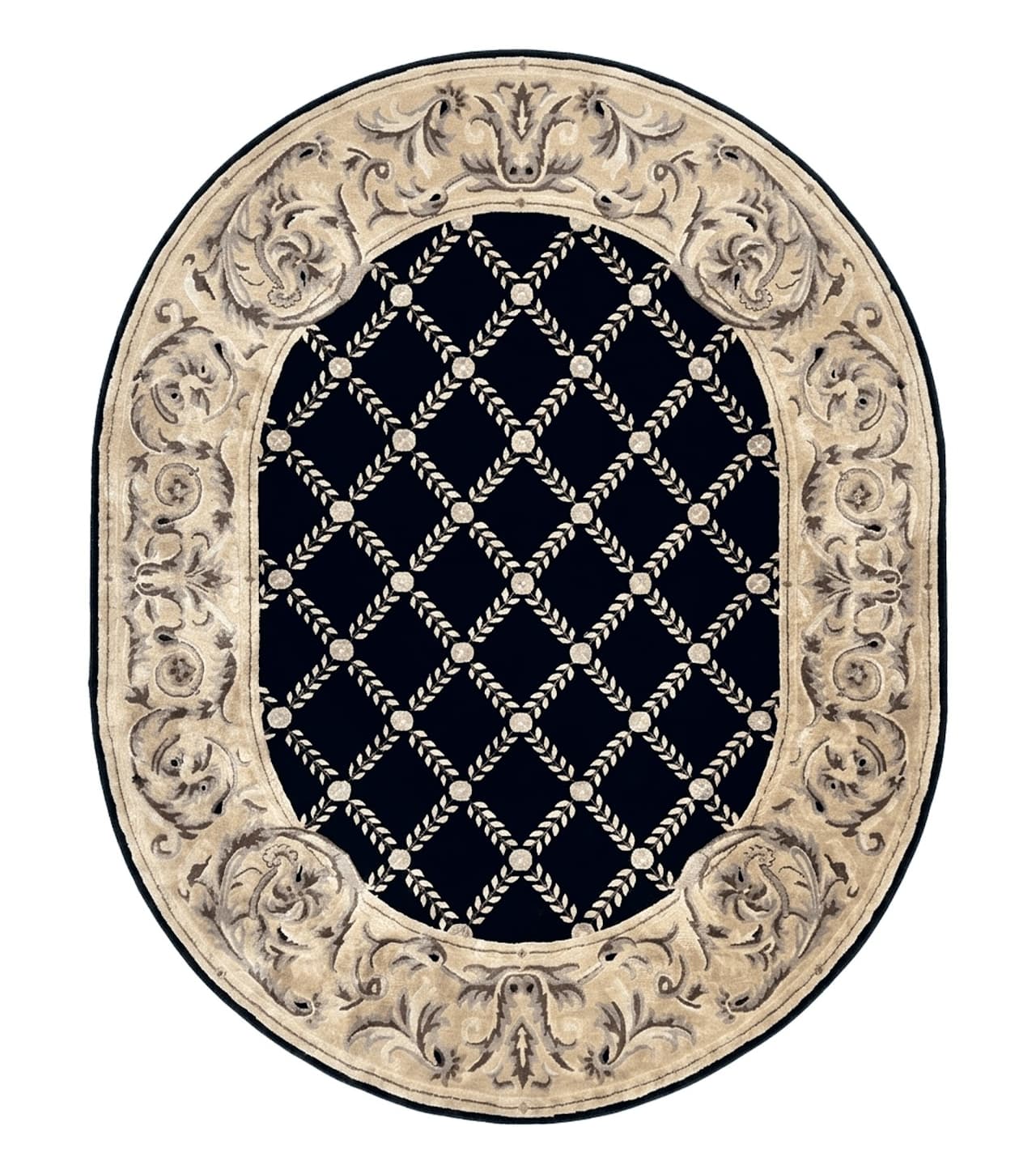 Oval Tibetan Rug 8x10, French Aubusson Design, Wool Handmade Vintage Carpet, Black & Beige, Soft Wool Pile by Jewel Rugs