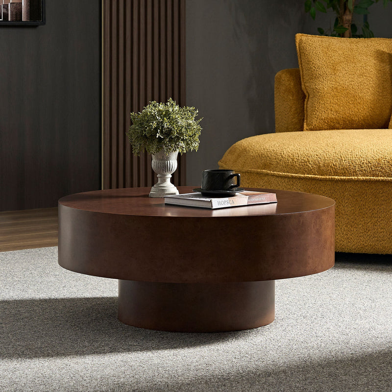 31.49'' Faux Burl Wood Pattern Round Coffee Table with Sturdy Pedestal by HouseOfZazla