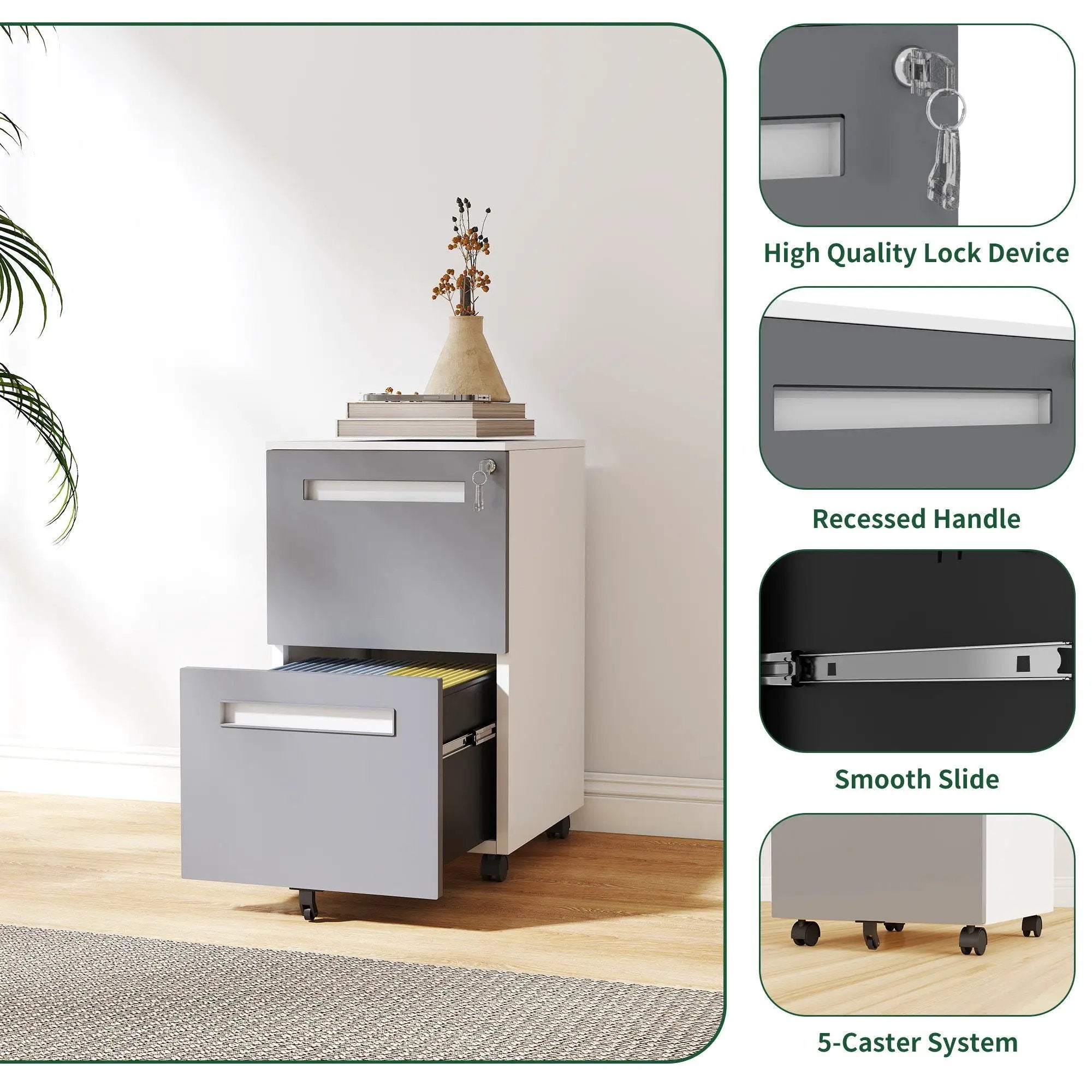 2-Drawer Mobile File Cabinet With Lock,On 360° Wheels, Holds A4/Letter/Legal Files - White by Unique Piece Furniture