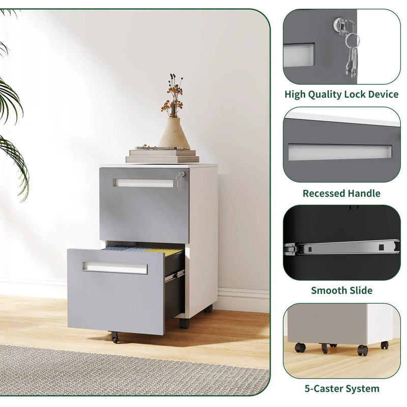 2-Drawer Mobile File Cabinet With Lock,On 360° Wheels, Holds A4/Letter/Legal Files - White by Unique Piece Furniture