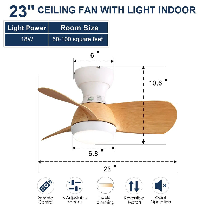 23" Bedroom Ceiling Fan With 3 Color Dimmable 3 ABS Blades Remote Control Dc Motor With 18W Led Light by HouseOfZazla