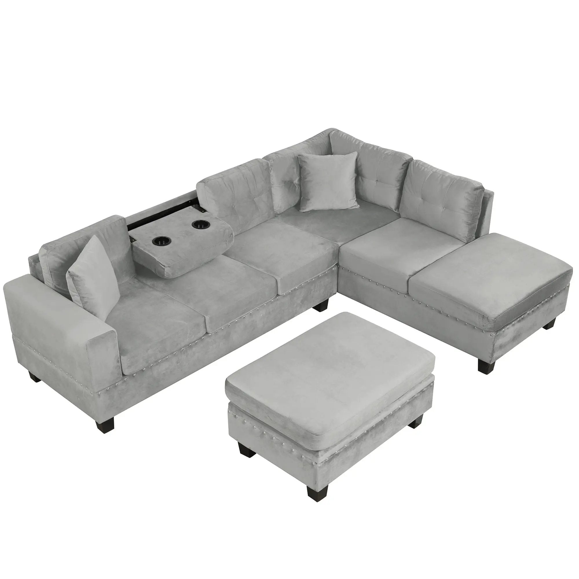 Modern Sectional Sofa With Storage Ottoman, L - Shape Couch With 2 Pillows And Cup Holders by HouseOfZazla