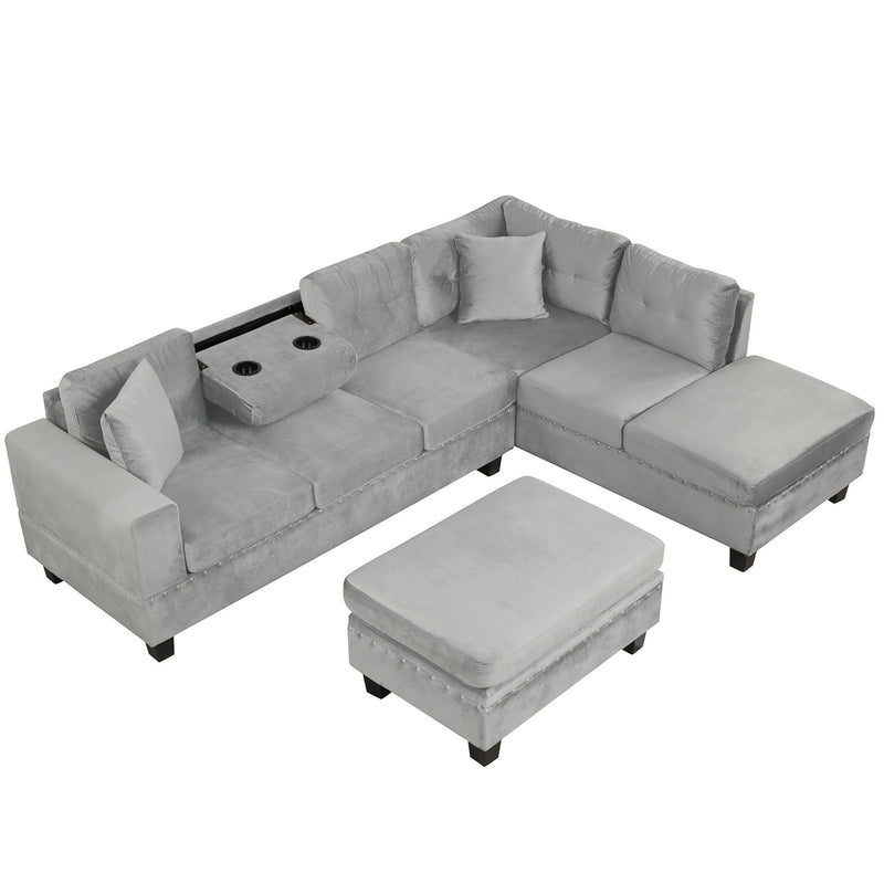 Modern Sectional Sofa With Storage Ottoman, L - Shape Couch With 2 Pillows And Cup Holders by HouseOfZazla