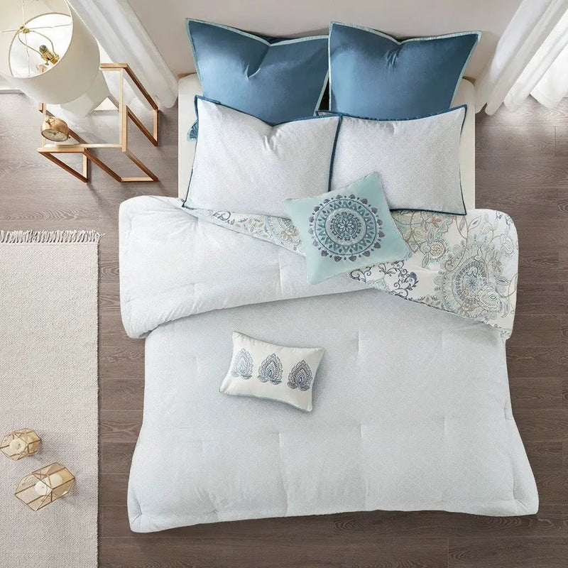 8 Piece Cotton Floral Printed Reversible Comforter Set Blue by HouseOfZazla