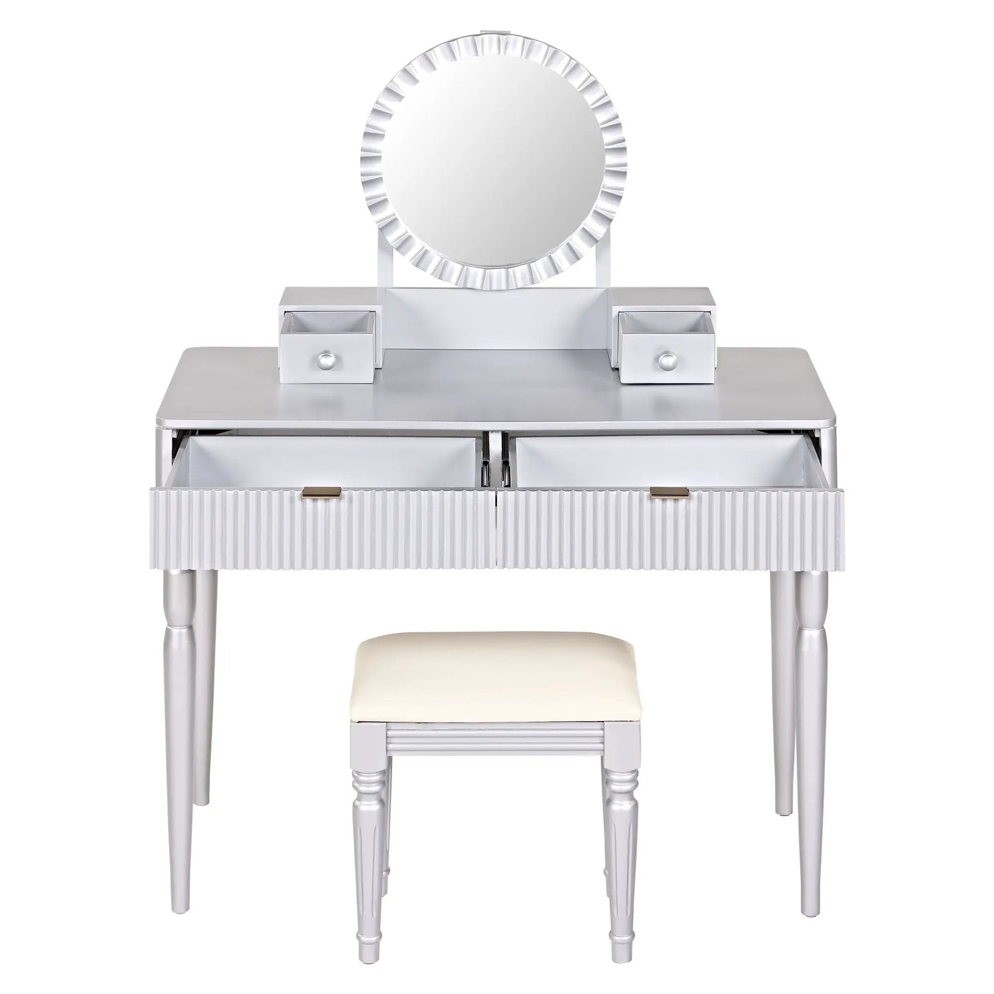Luxury Vanity Desk With Round Mirror Height Adjustable Dressing Table Set Engineered Wood - Silver by Unique Piece Furniture