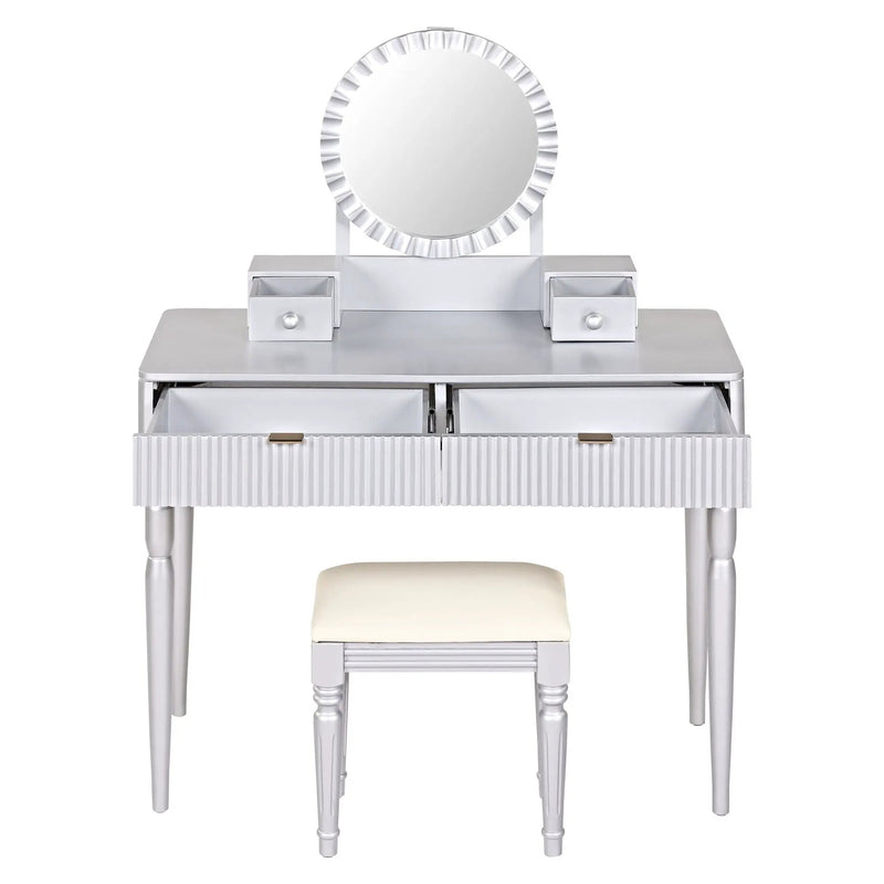 Luxury Vanity Desk With Round Mirror Height Adjustable Dressing Table Set Engineered Wood - Silver by Unique Piece Furniture