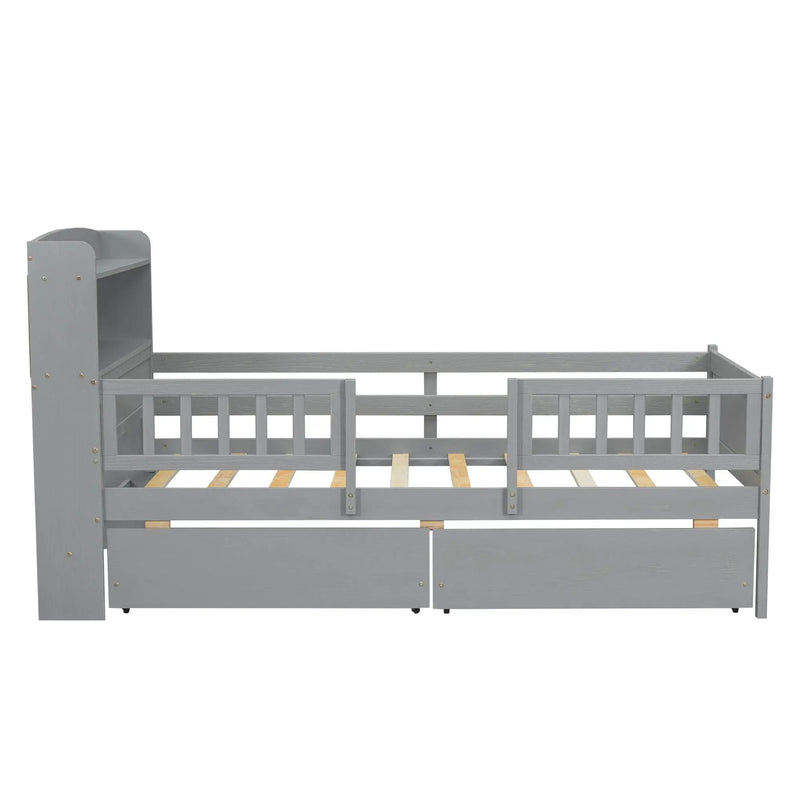 Platform Bed With LED Light, Multi Functional Headboard, Guardrail And 2 Drawers by HouseOfZazla